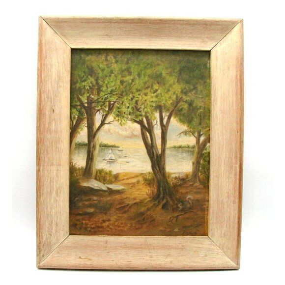 J.H. Smith Signed Painting Art Forest Lake Scene Portrait Canvas Wood Framed Vtg